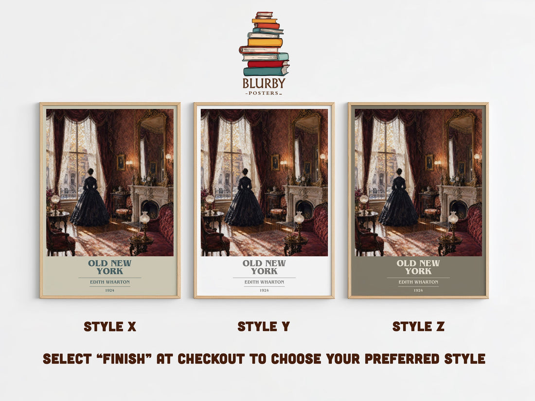Old New York book cover print in frame leaning in hallway – historical fiction wall art (mockup)