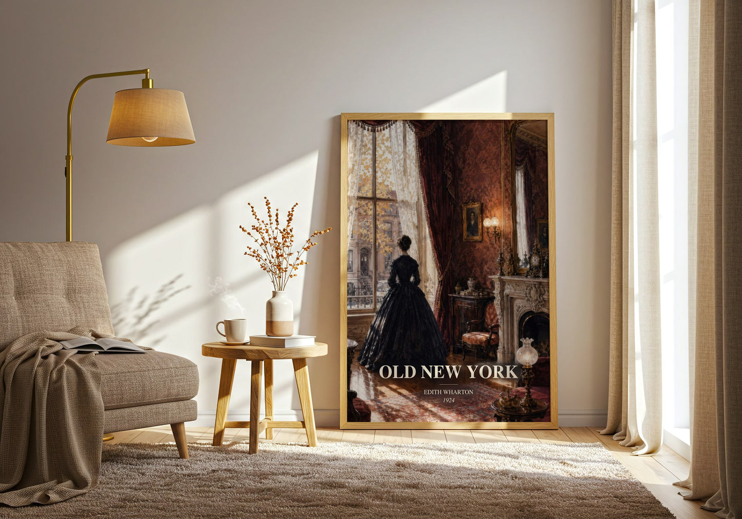 Old New York watercolour print in frame leaning in hallway – historical fiction wall art