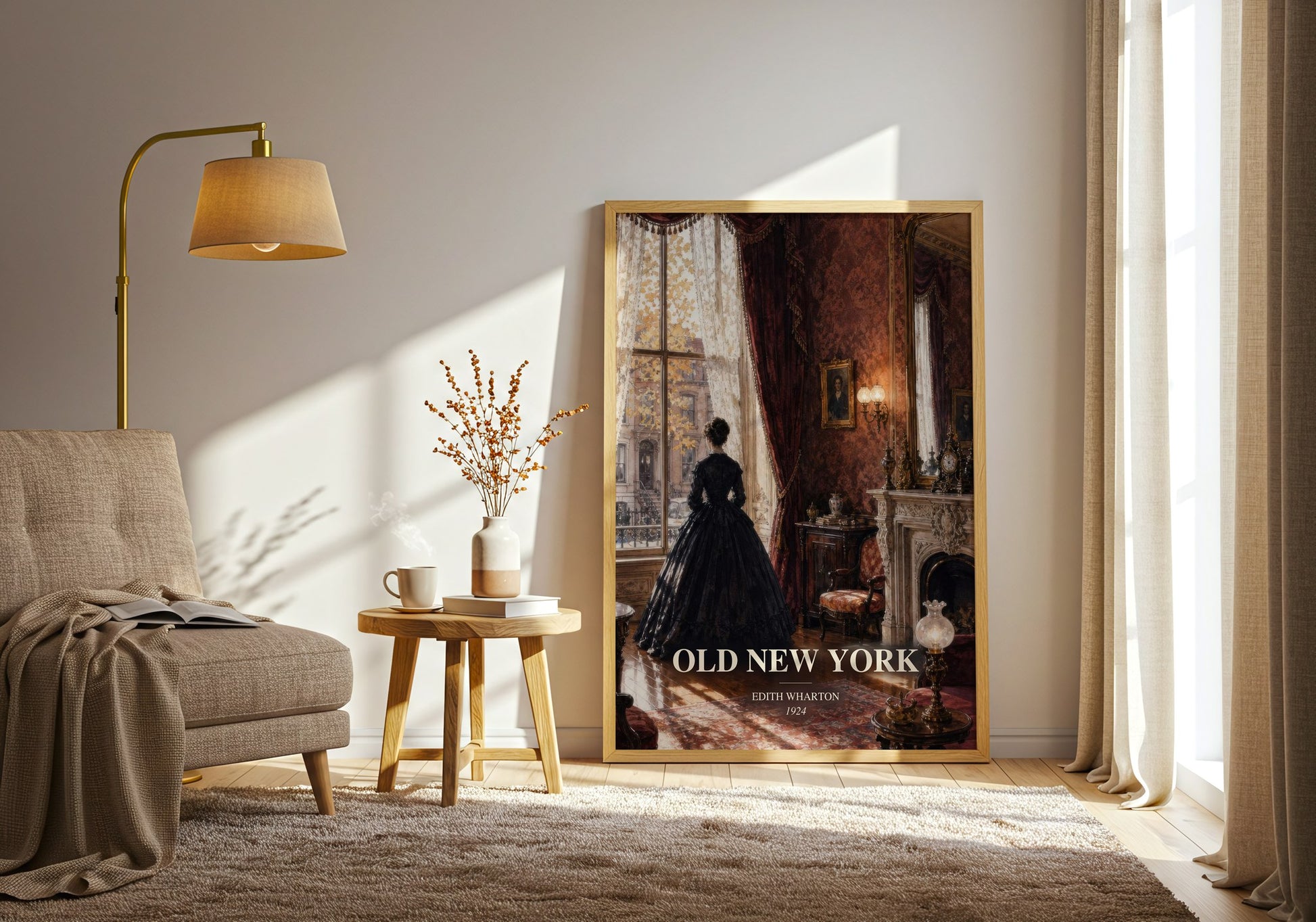 Old New York watercolour print in frame leaning in hallway – historical fiction wall art