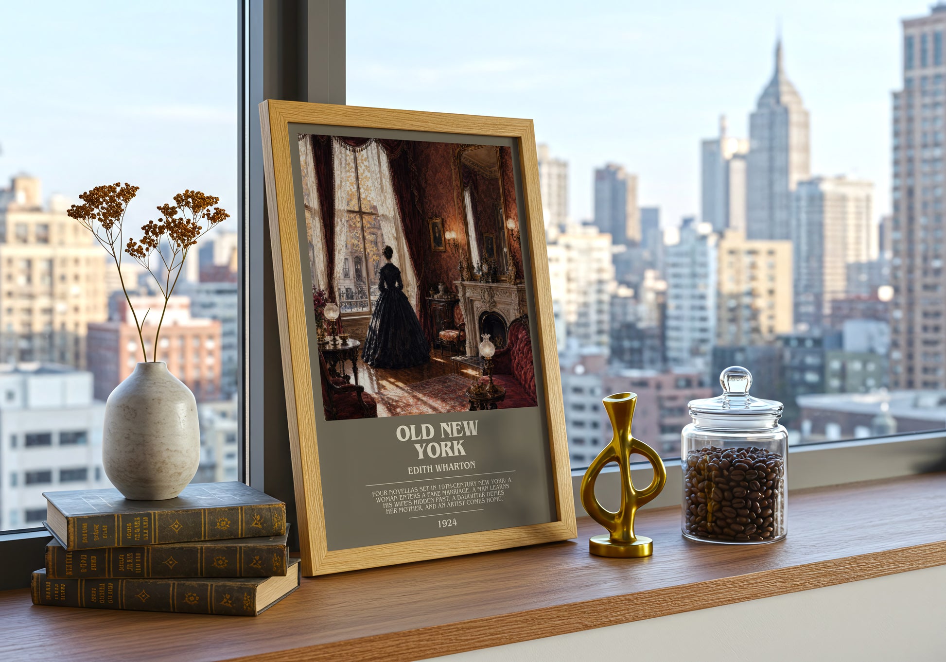 Old New York bookish print framed by window – literary home decor