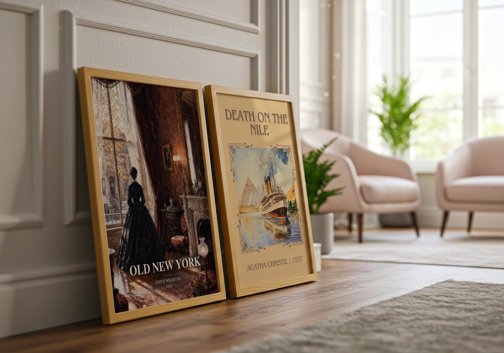 Old New York watercolour print framed by window – literary home decor