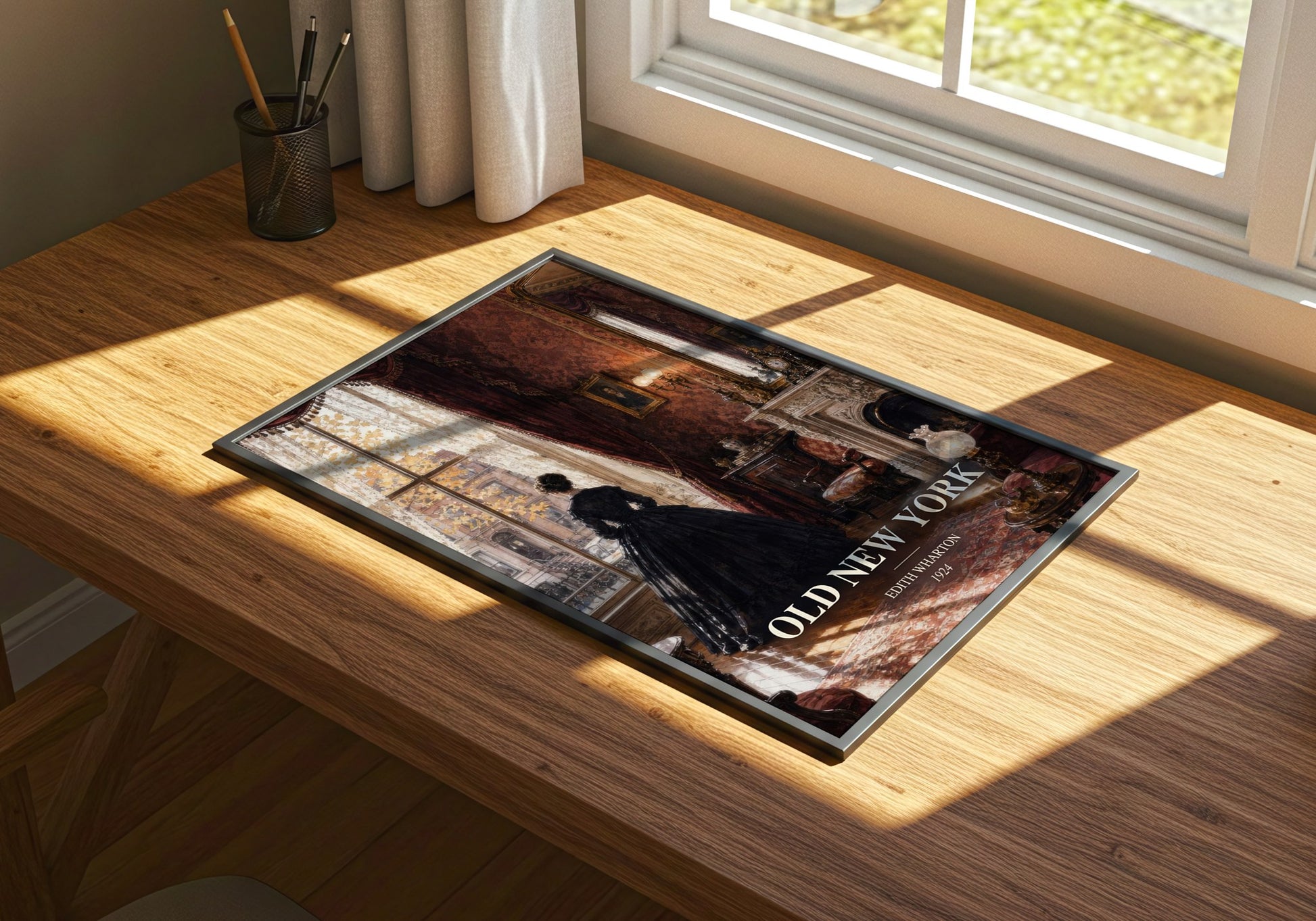 Old New York watercolour book poster framed on wall – historical fiction wall art