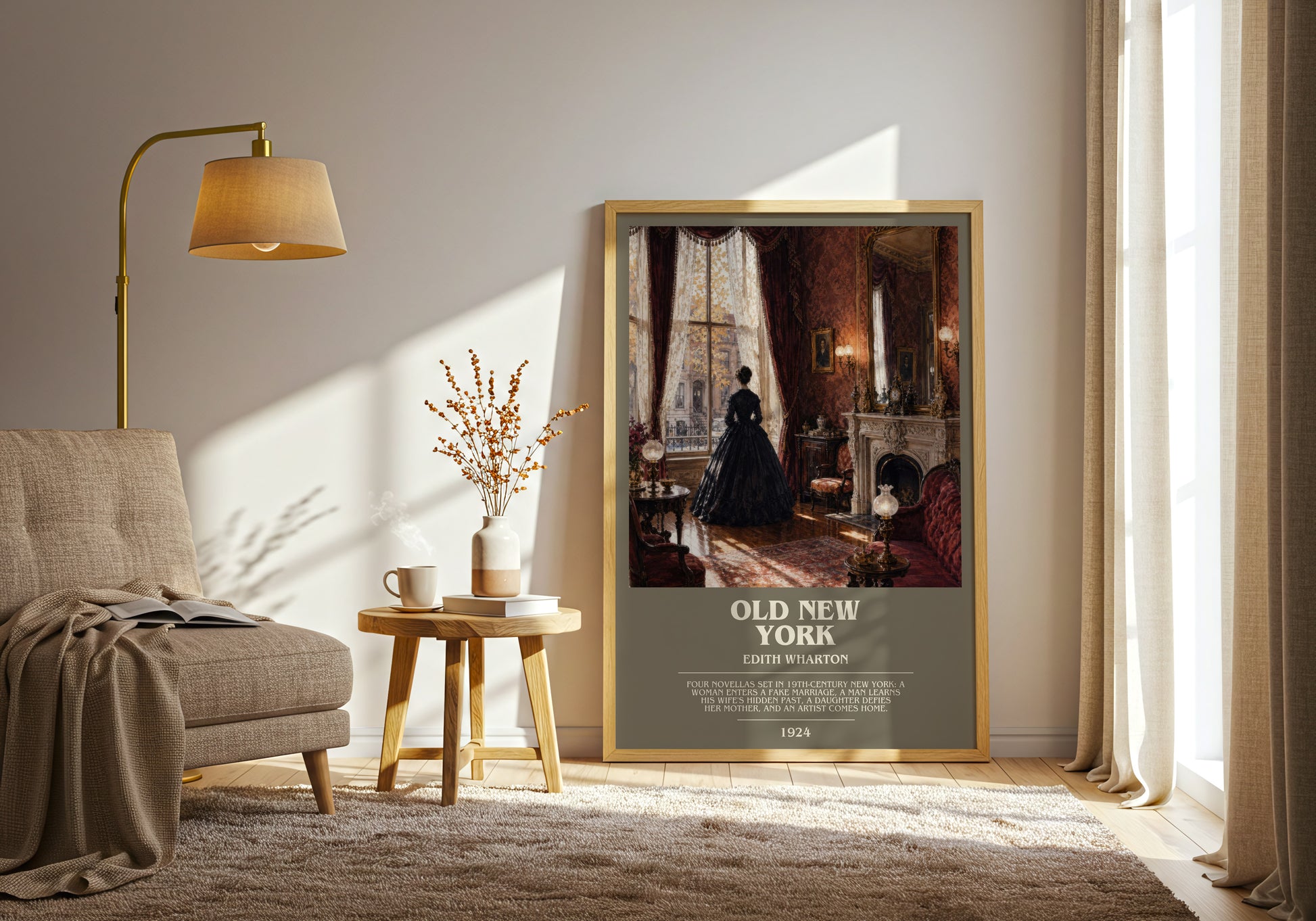 Old New York bookish print on bookshelf – Edith Wharton fan gift