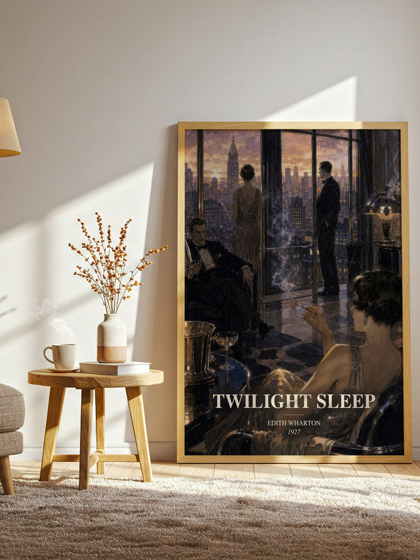 Twilight Sleep watercolour print in frame leaning in hallway – literary fiction wall art