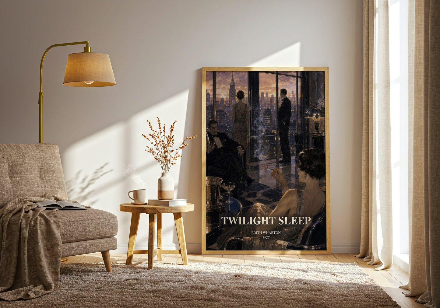 Twilight Sleep watercolour print in frame leaning in hallway – literary fiction wall art
