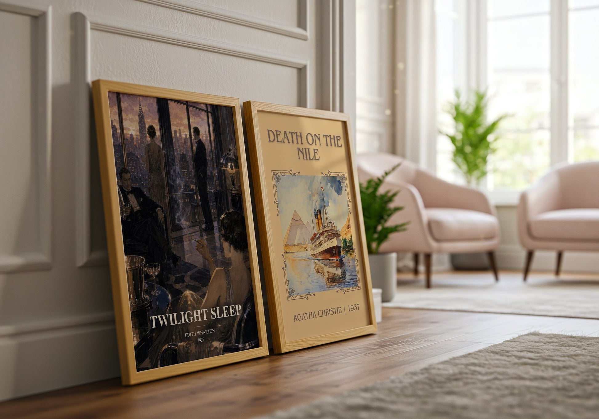 Twilight Sleep watercolour print framed by window – literary home decor