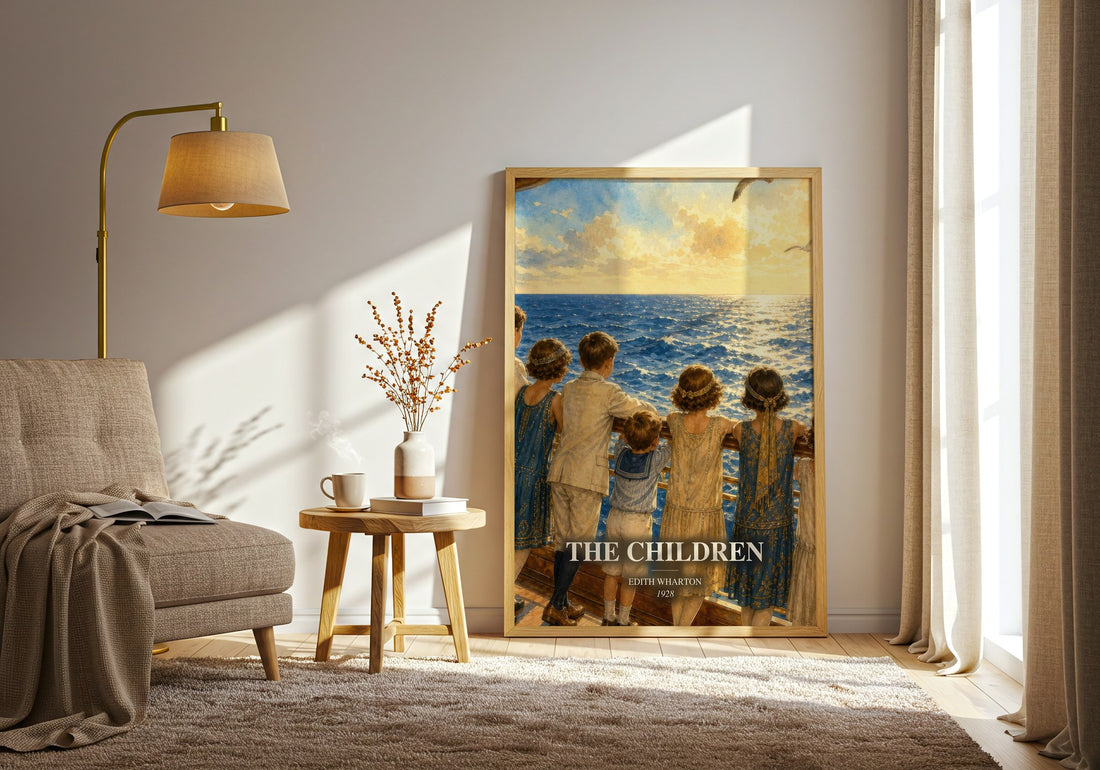 The Children watercolour print in frame leaning in hallway – literary fiction wall art (mockup)