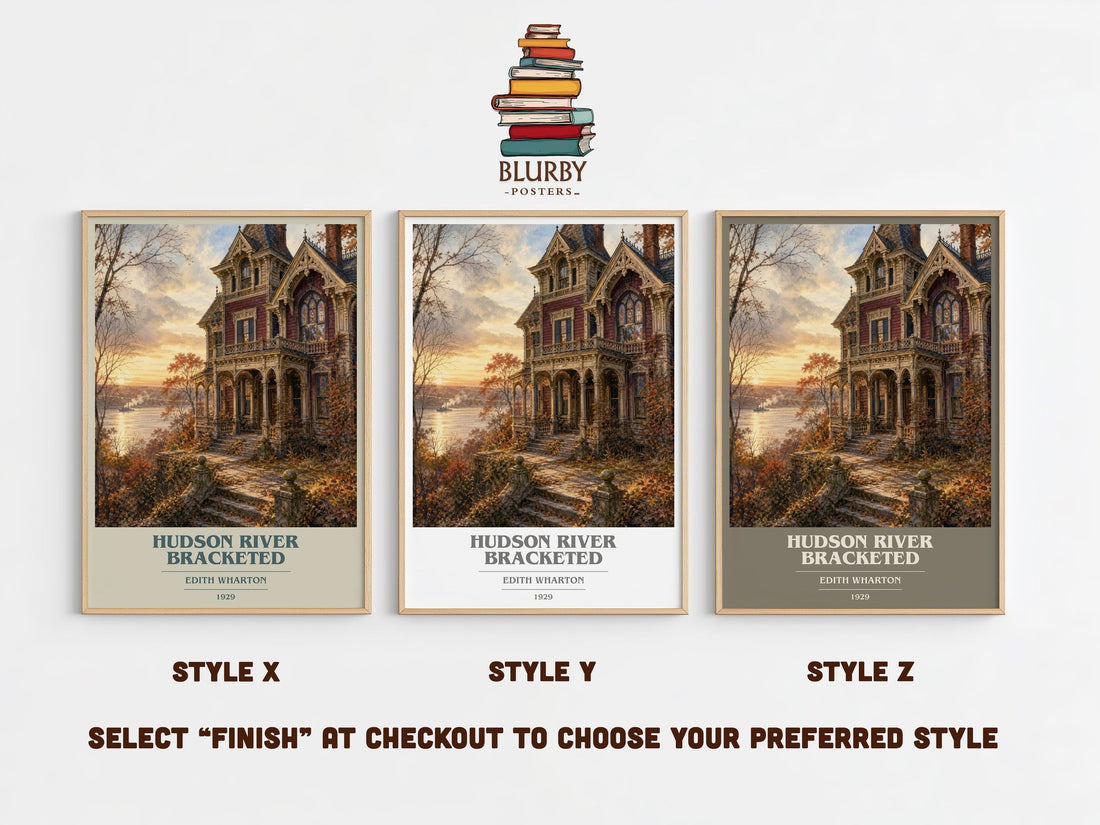 Hudson River Bracketed book cover print in frame leaning in hallway – literary fiction wall art (mockup)