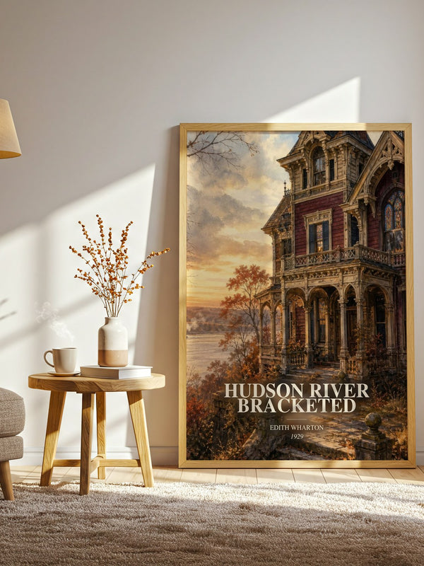 Hudson River Bracketed watercolour print in frame leaning in hallway – literary fiction wall art