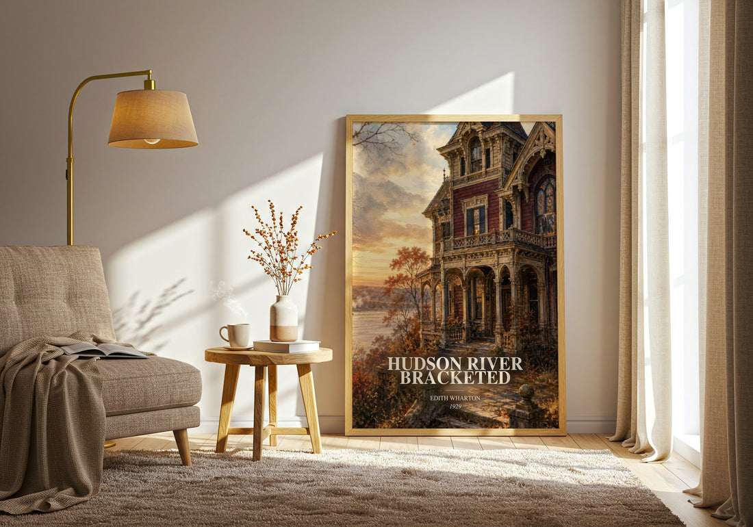Hudson River Bracketed watercolour print in frame leaning in hallway – literary fiction wall art (mockup)