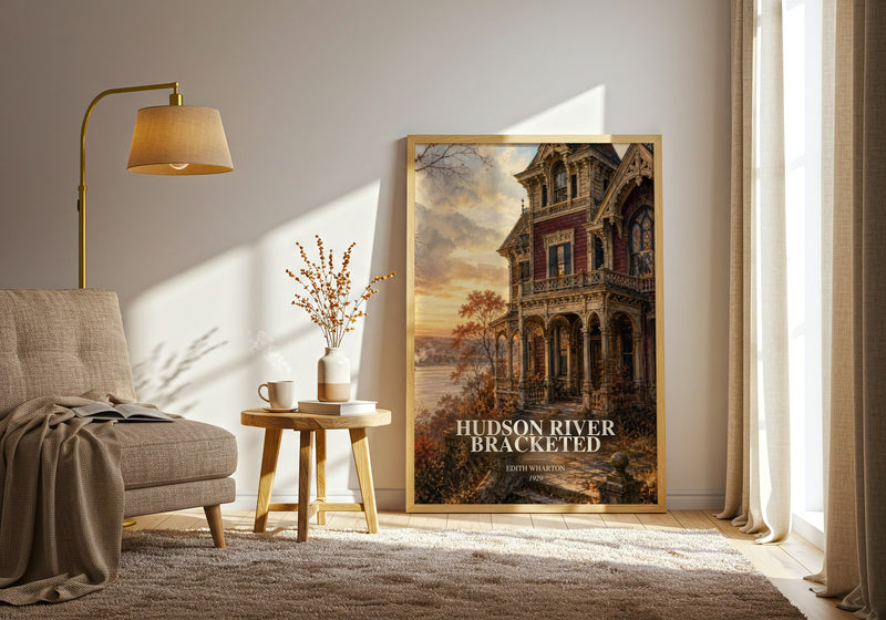 Hudson River Bracketed watercolour print in frame leaning in hallway – literary fiction wall art