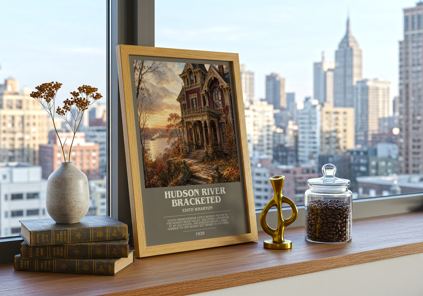 Hudson River Bracketed bookish print framed by window – literary home decor