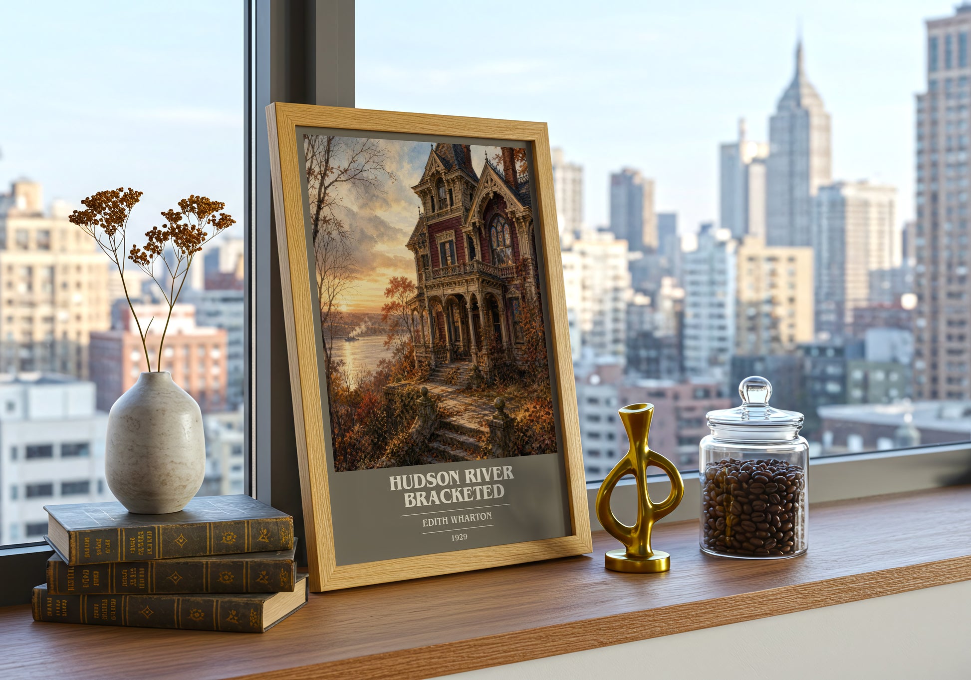 Hudson River Bracketed book cover print framed by window – literary home decor