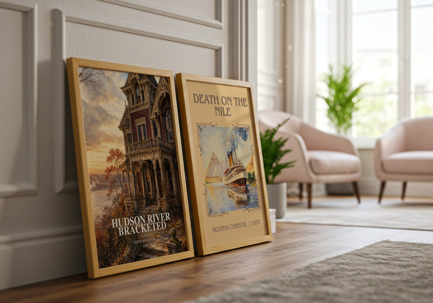 Hudson River Bracketed watercolour print framed by window – literary home decor