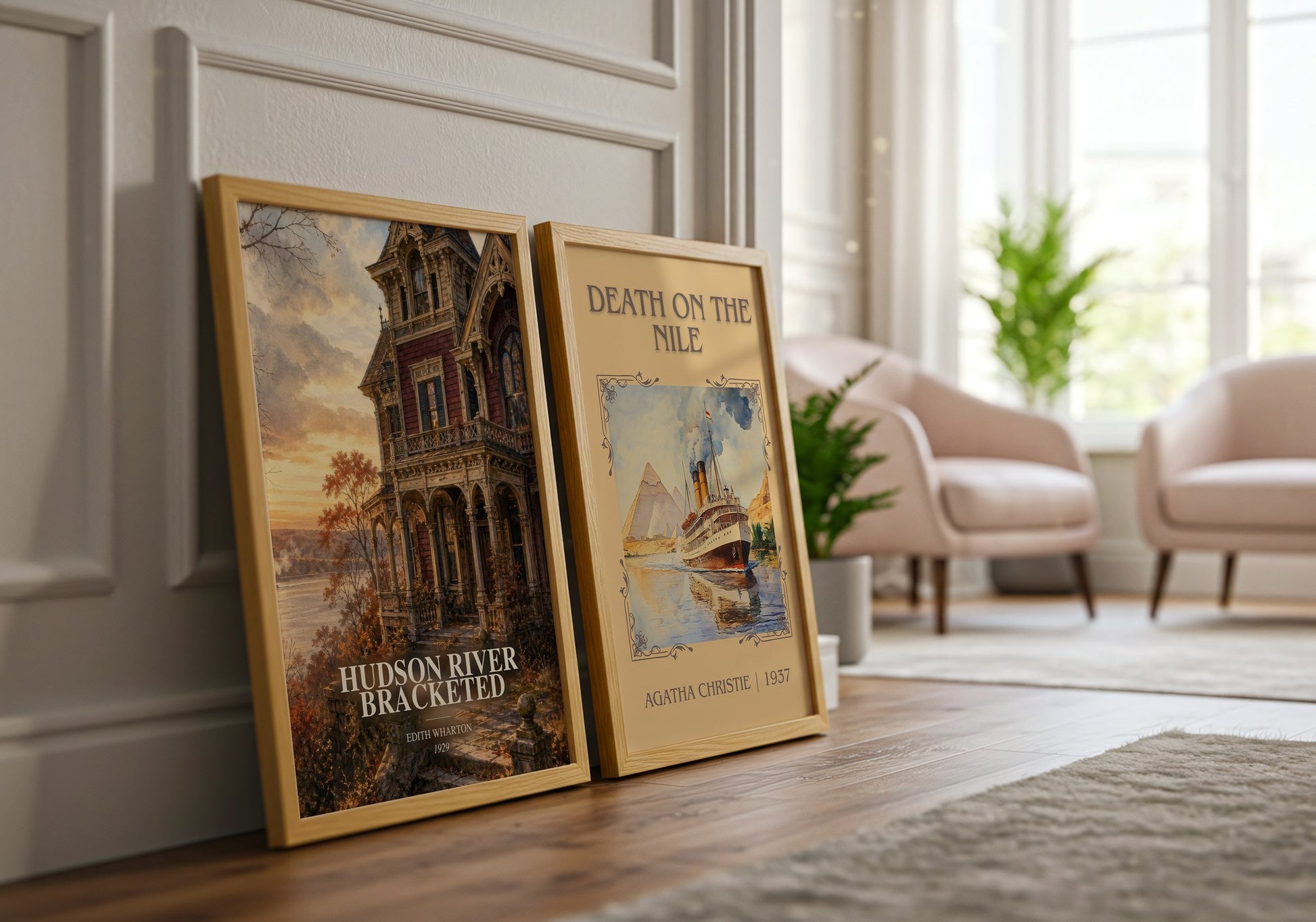 Hudson River Bracketed watercolour print framed by window – literary home decor