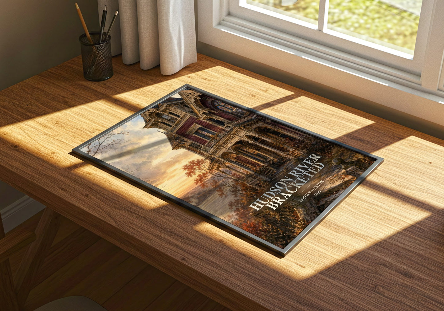 Hudson River Bracketed watercolour book poster framed on wall – literary fiction wall art