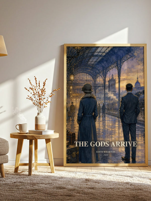 The Gods Arrive watercolour print in frame leaning in hallway – literary fiction wall art