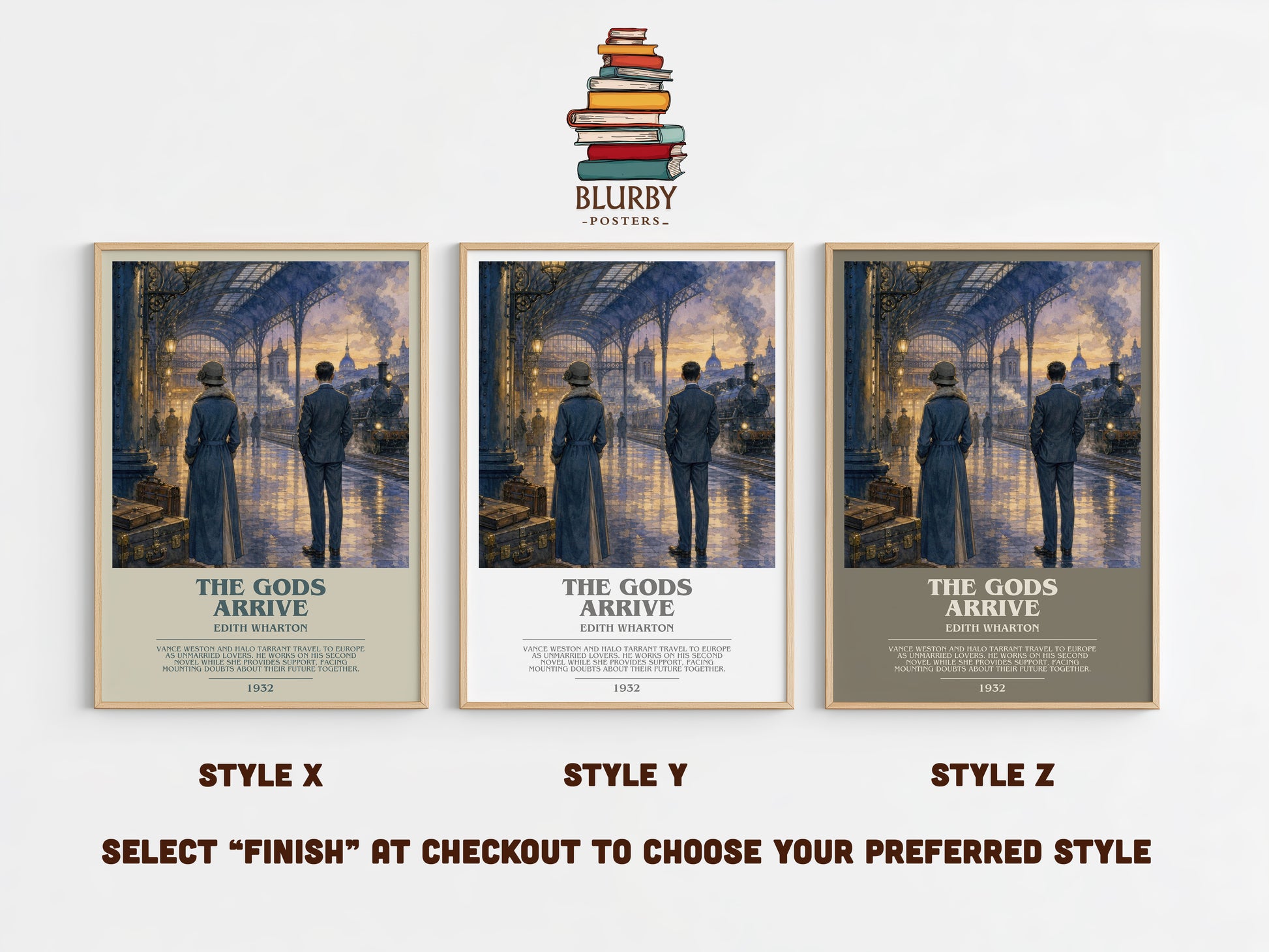 The Gods Arrive bookish print in frame leaning in hallway – literary fiction wall art