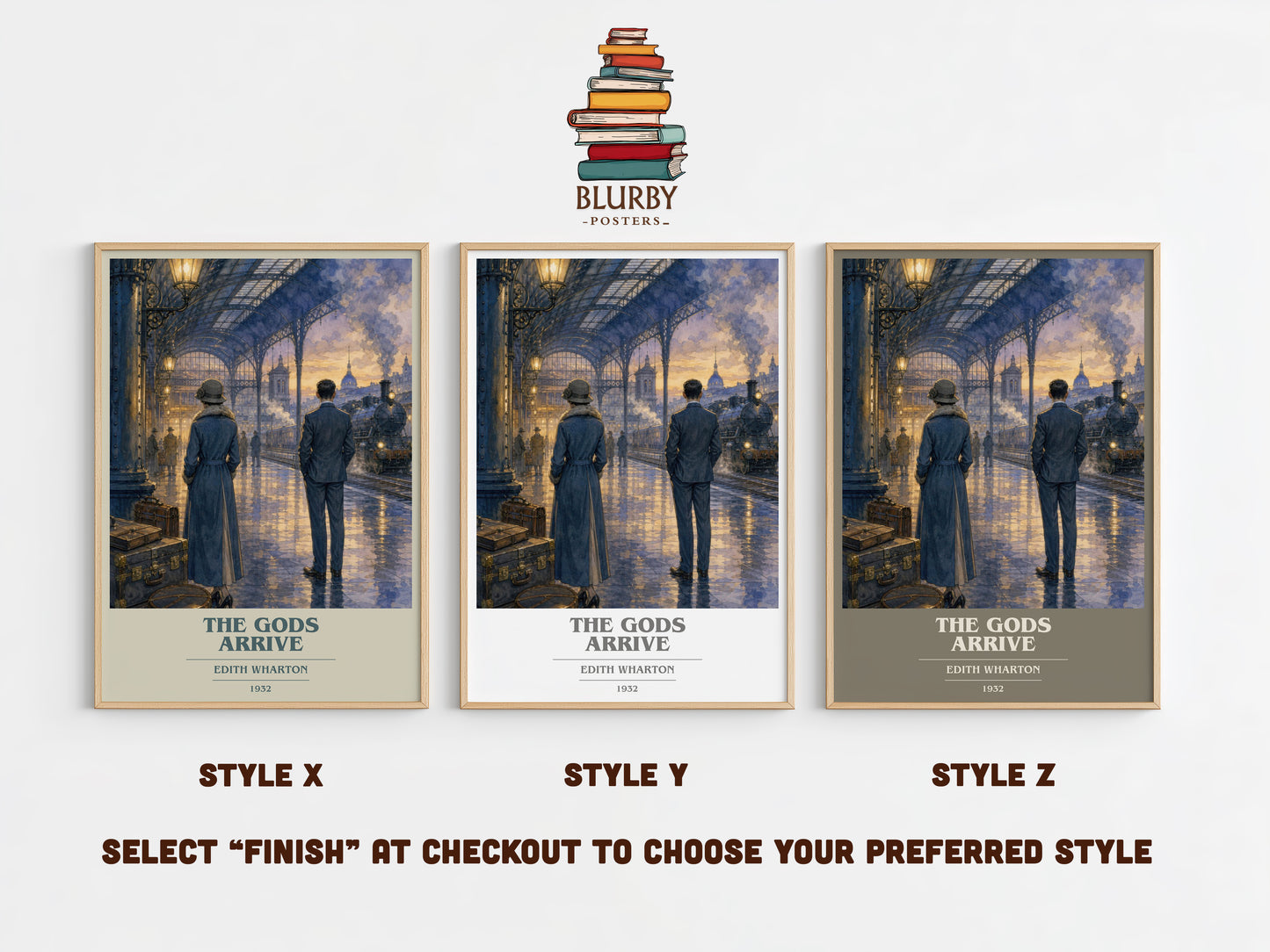 The Gods Arrive book cover print in frame leaning in hallway – literary fiction wall art