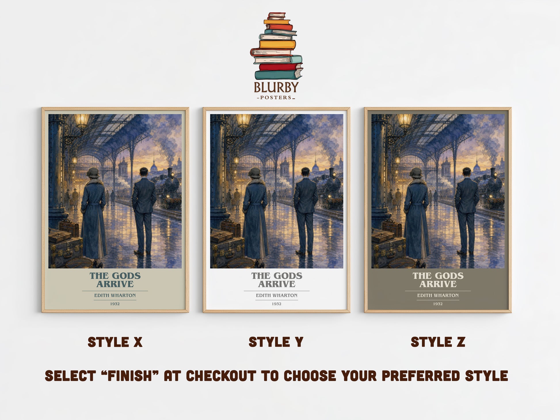 The Gods Arrive book cover print in frame leaning in hallway – literary fiction wall art