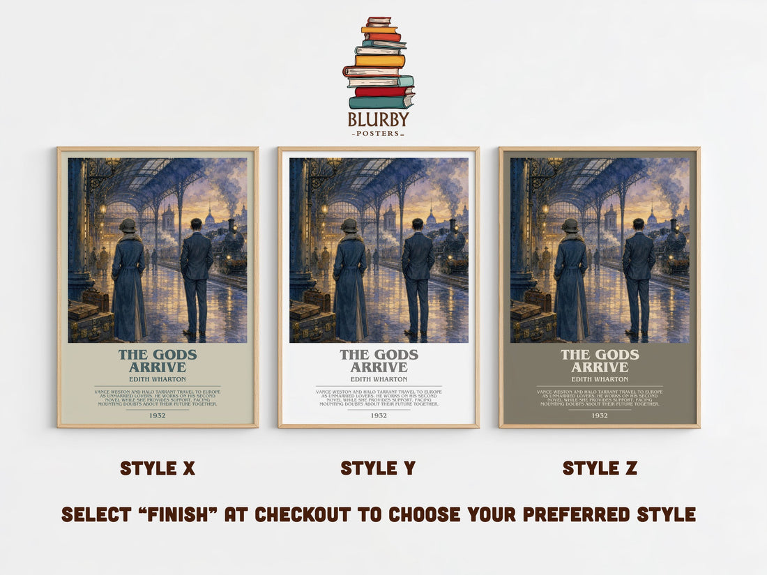 The Gods Arrive bookish print in frame leaning in hallway – literary fiction wall art (mockup)