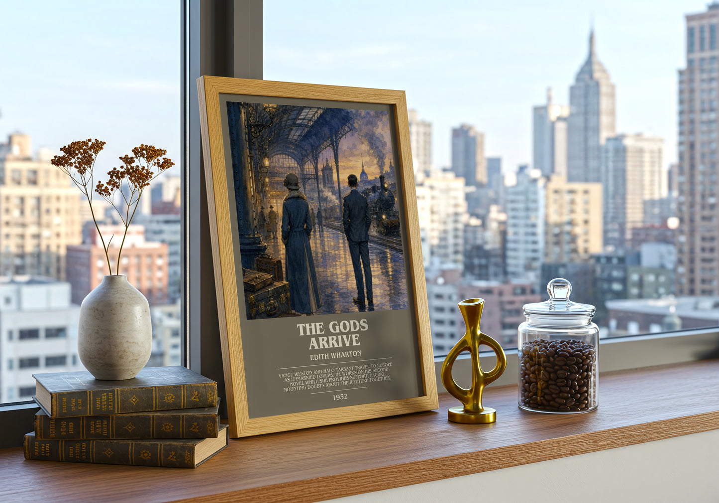 The Gods Arrive bookish print framed by window – literary home decor