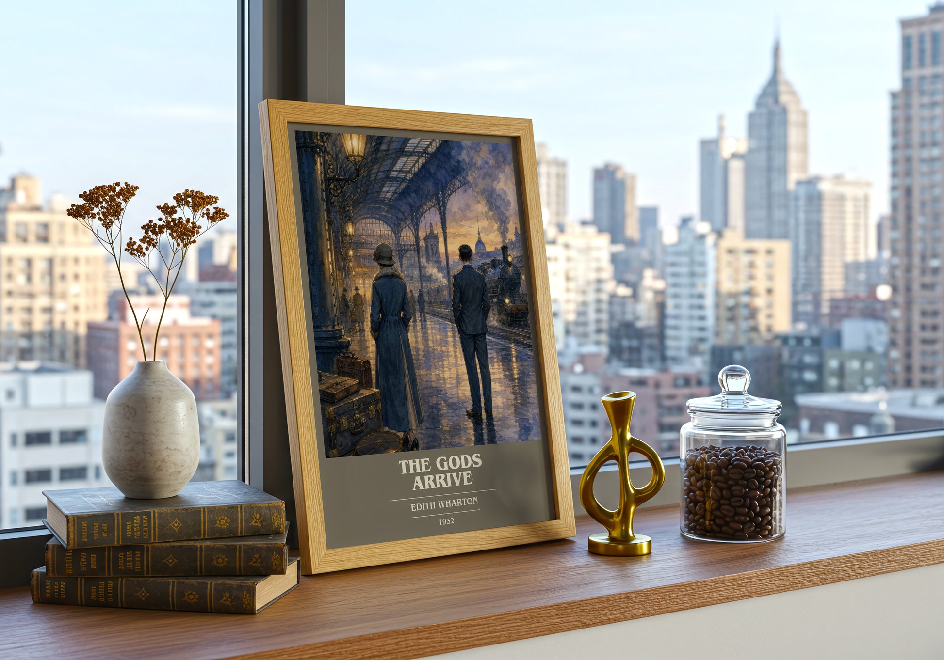 The Gods Arrive book cover print framed by window – literary home decor
