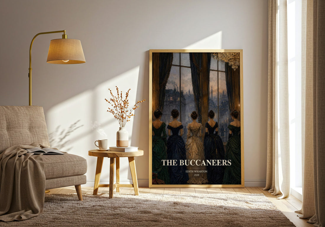 The Buccaneers watercolour print in frame leaning in hallway – historical fiction wall art (mockup)