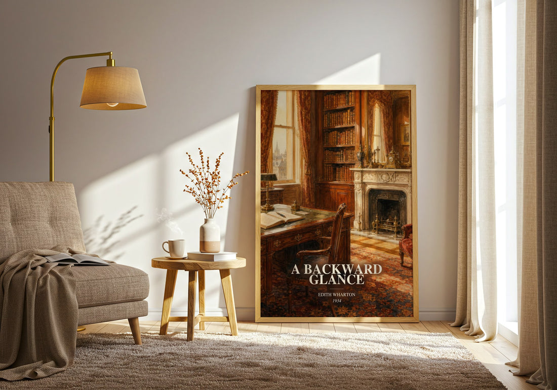 A Backward Glance watercolour print in frame leaning in hallway – memoir wall art (mockup)