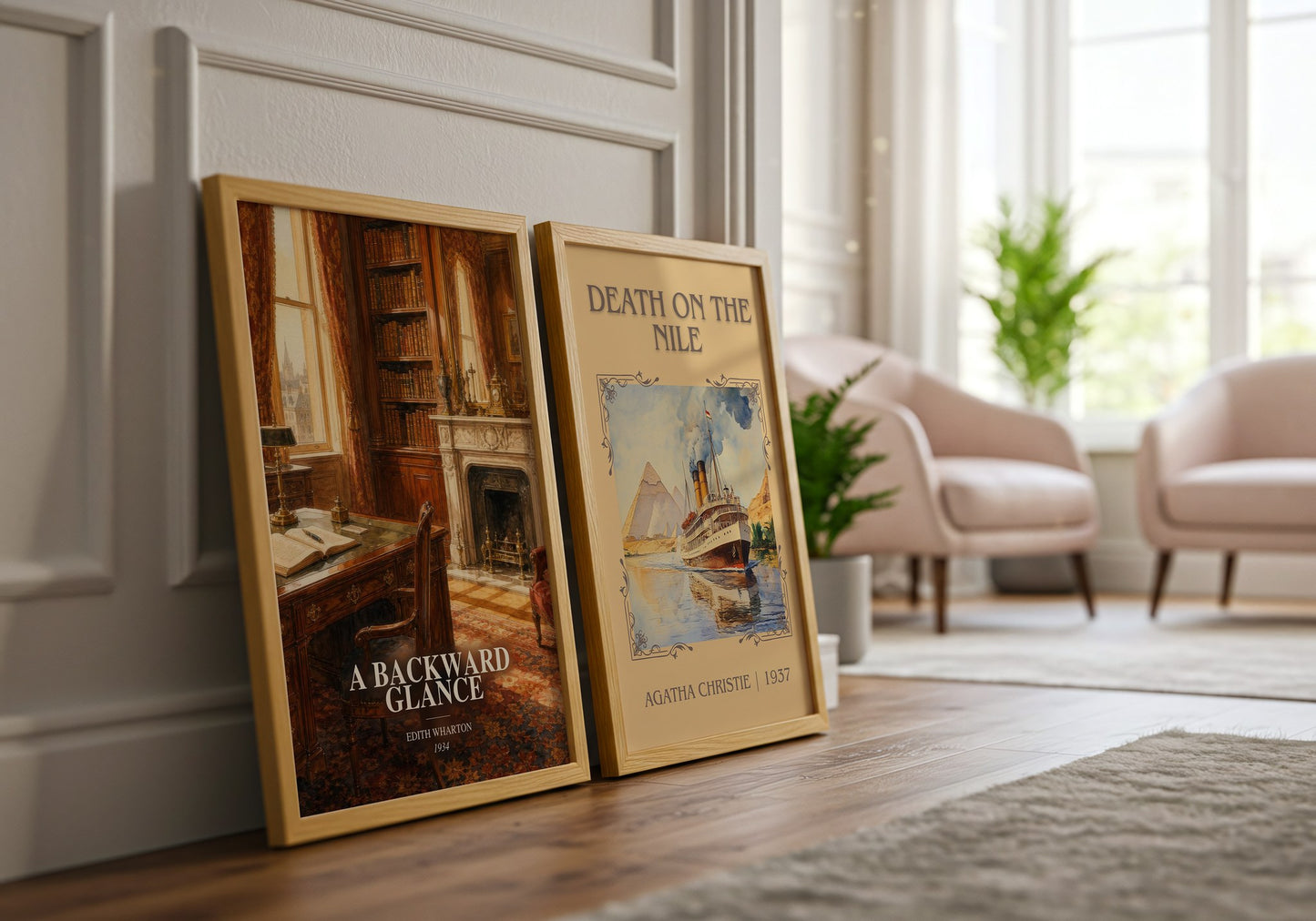 A Backward Glance watercolour print framed by window – literary home decor