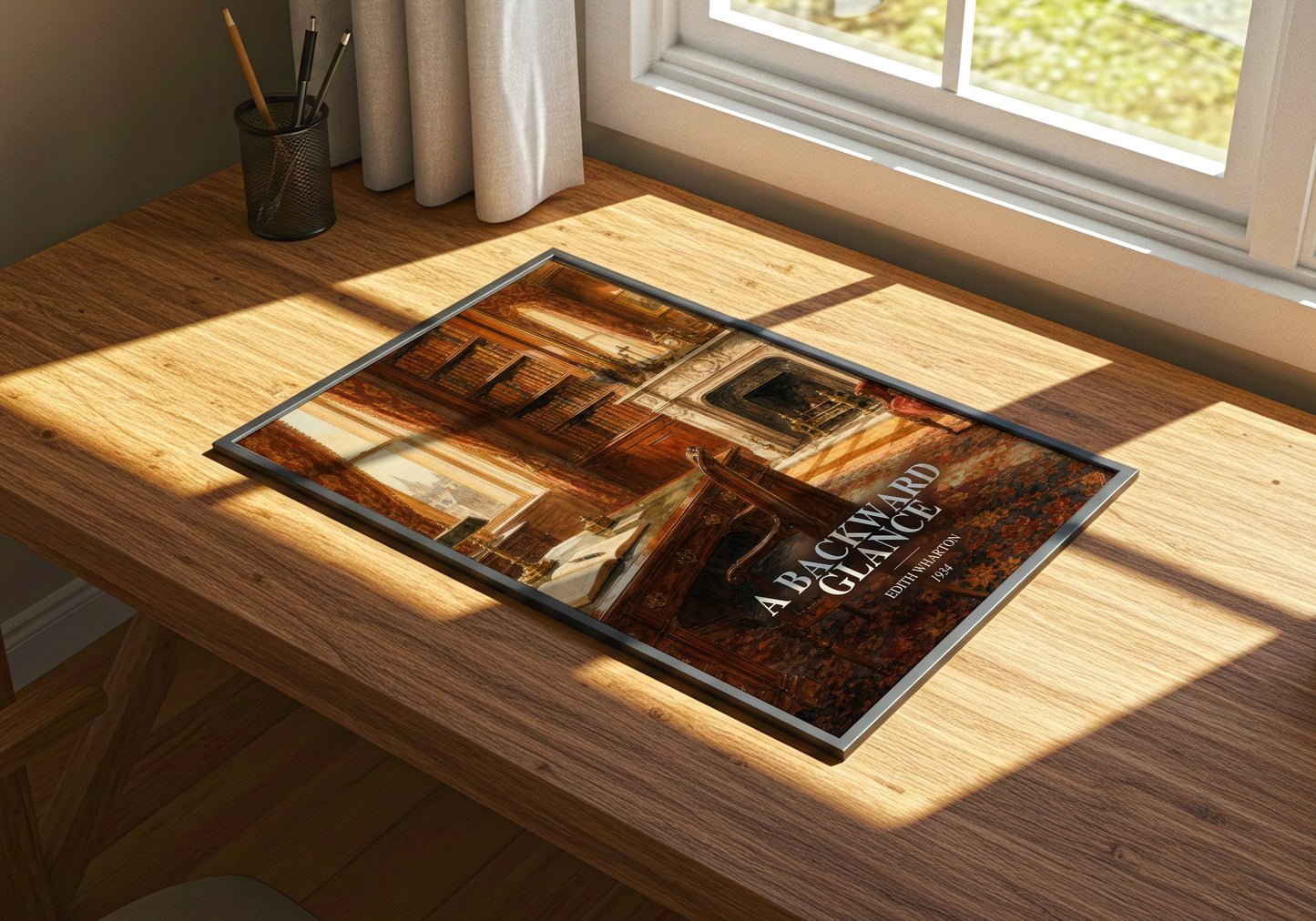 A Backward Glance watercolour book poster framed on wall – memoir wall art