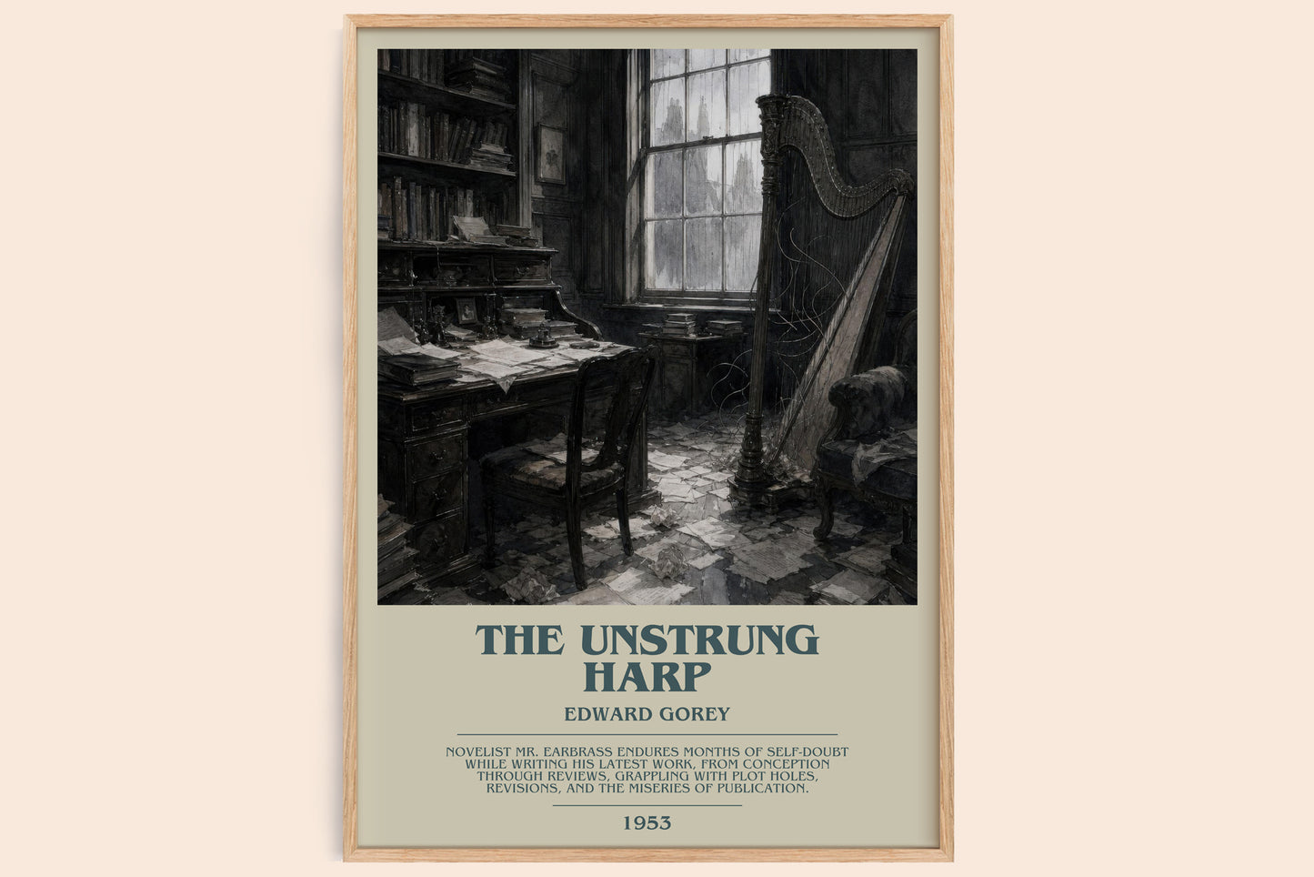 The Unstrung Harp bookish book poster by Edward Gorey – framed literary art print