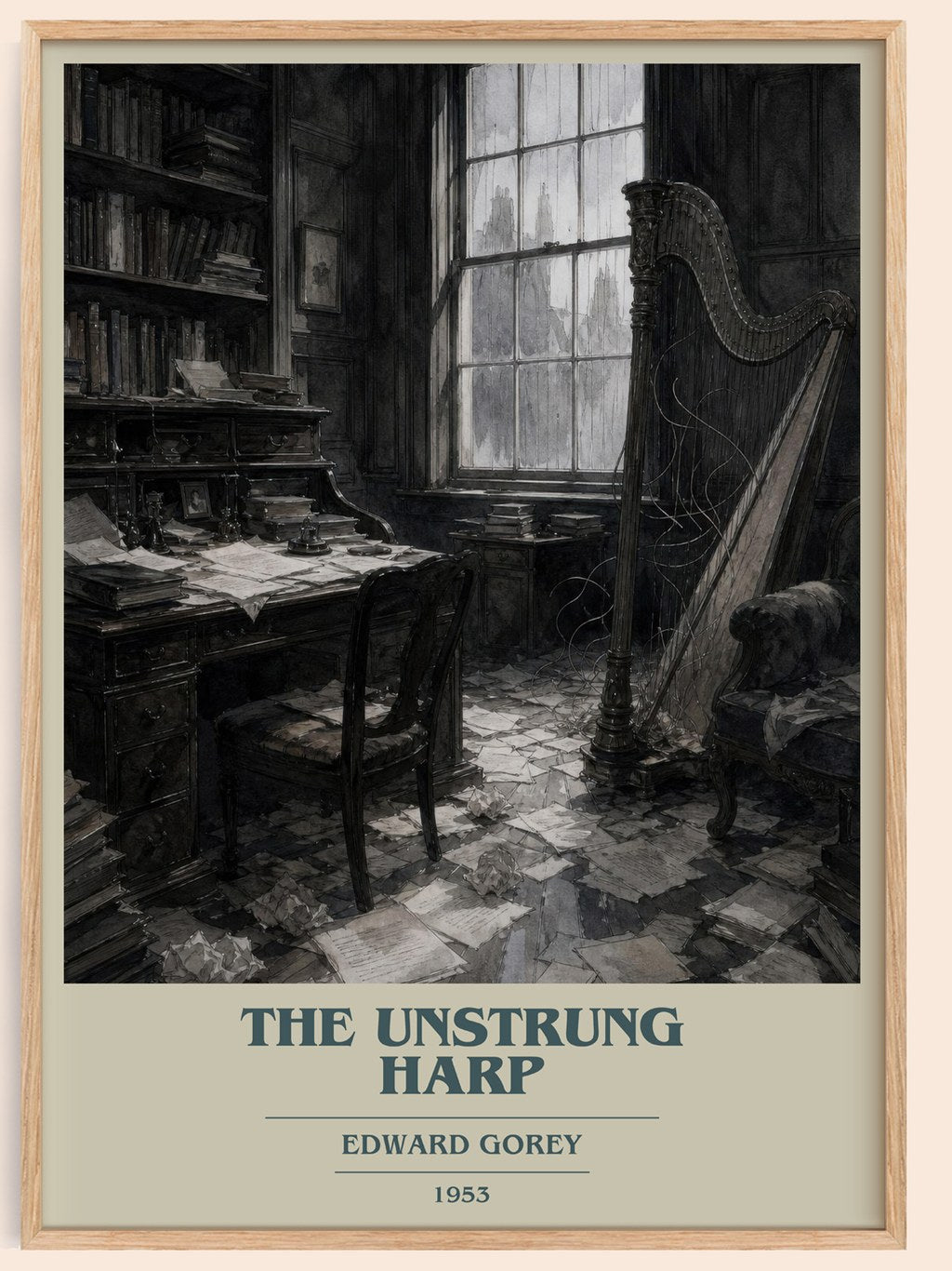 The Unstrung Harp book cover book poster by Edward Gorey – framed literary art print