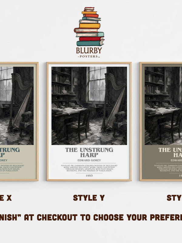 The Unstrung Harp bookish print in frame leaning in hallway – literary fiction wall art