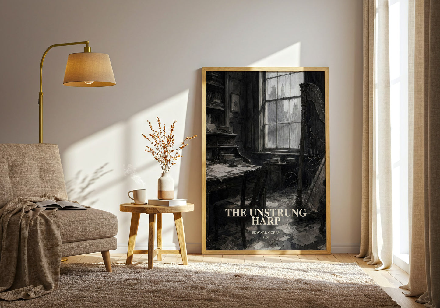 The Unstrung Harp watercolour print in frame leaning in hallway – literary fiction wall art