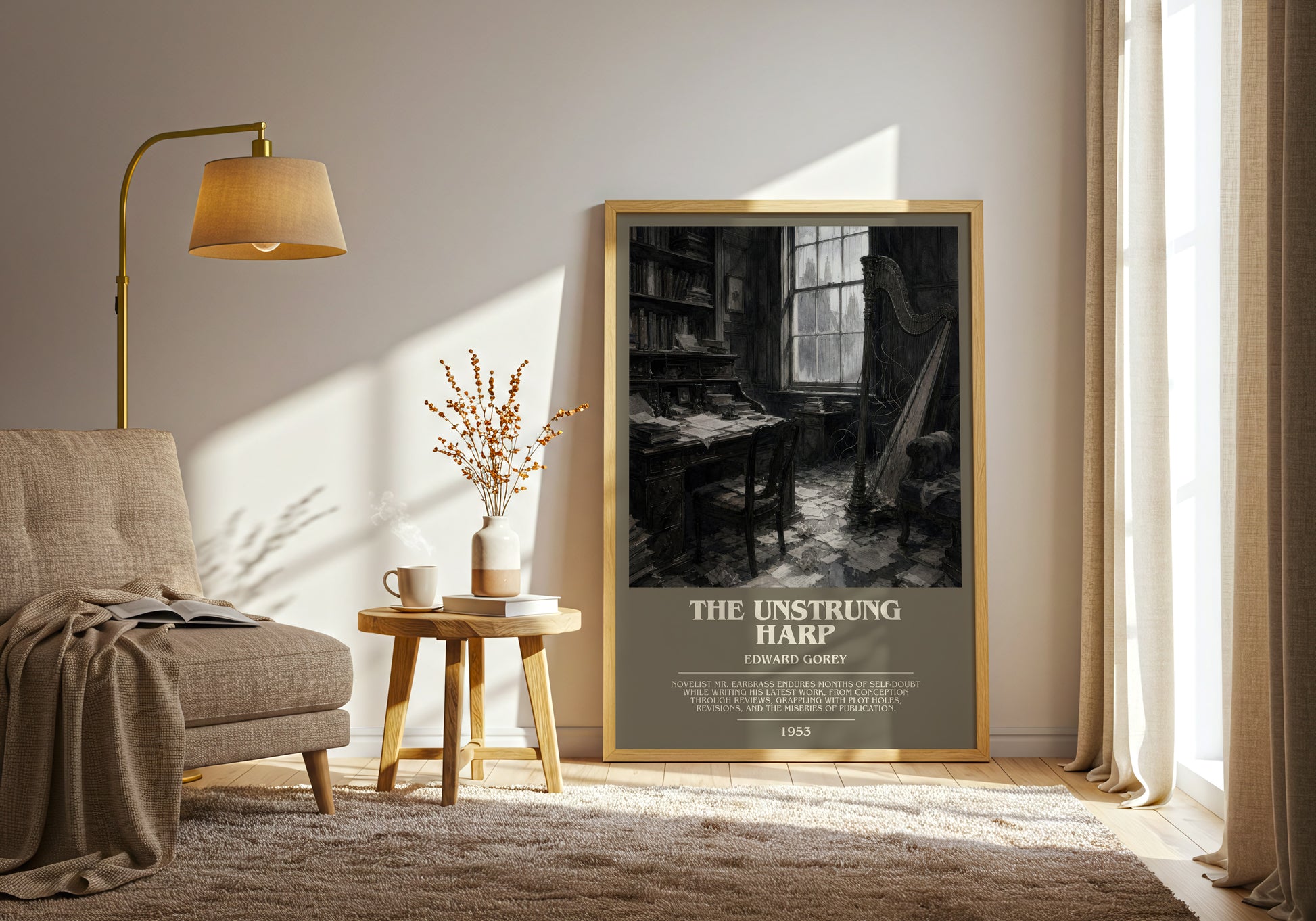 The Unstrung Harp bookish print on bookshelf – Edward Gorey fan gift