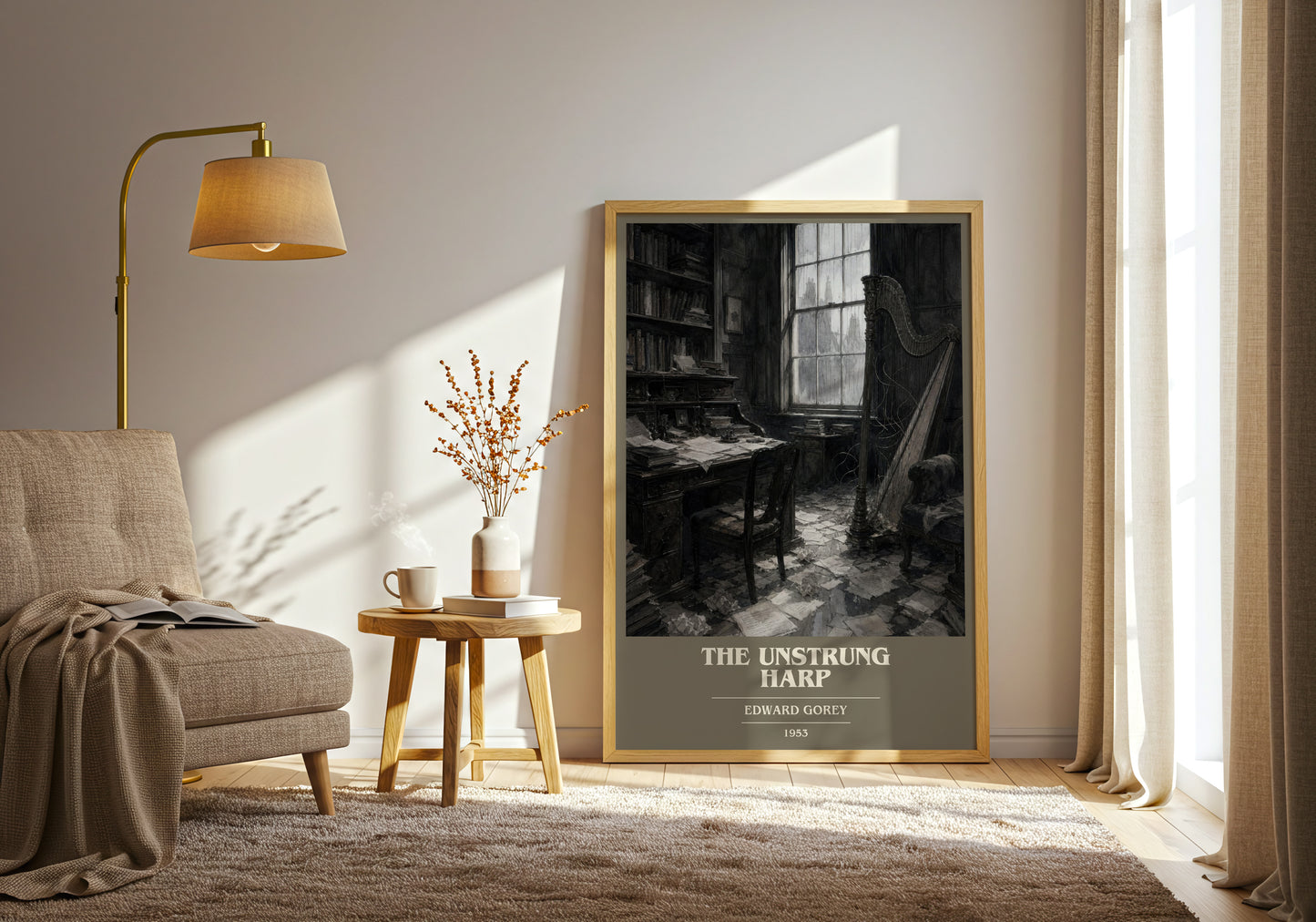 The Unstrung Harp book cover print on bookshelf – Edward Gorey fan gift