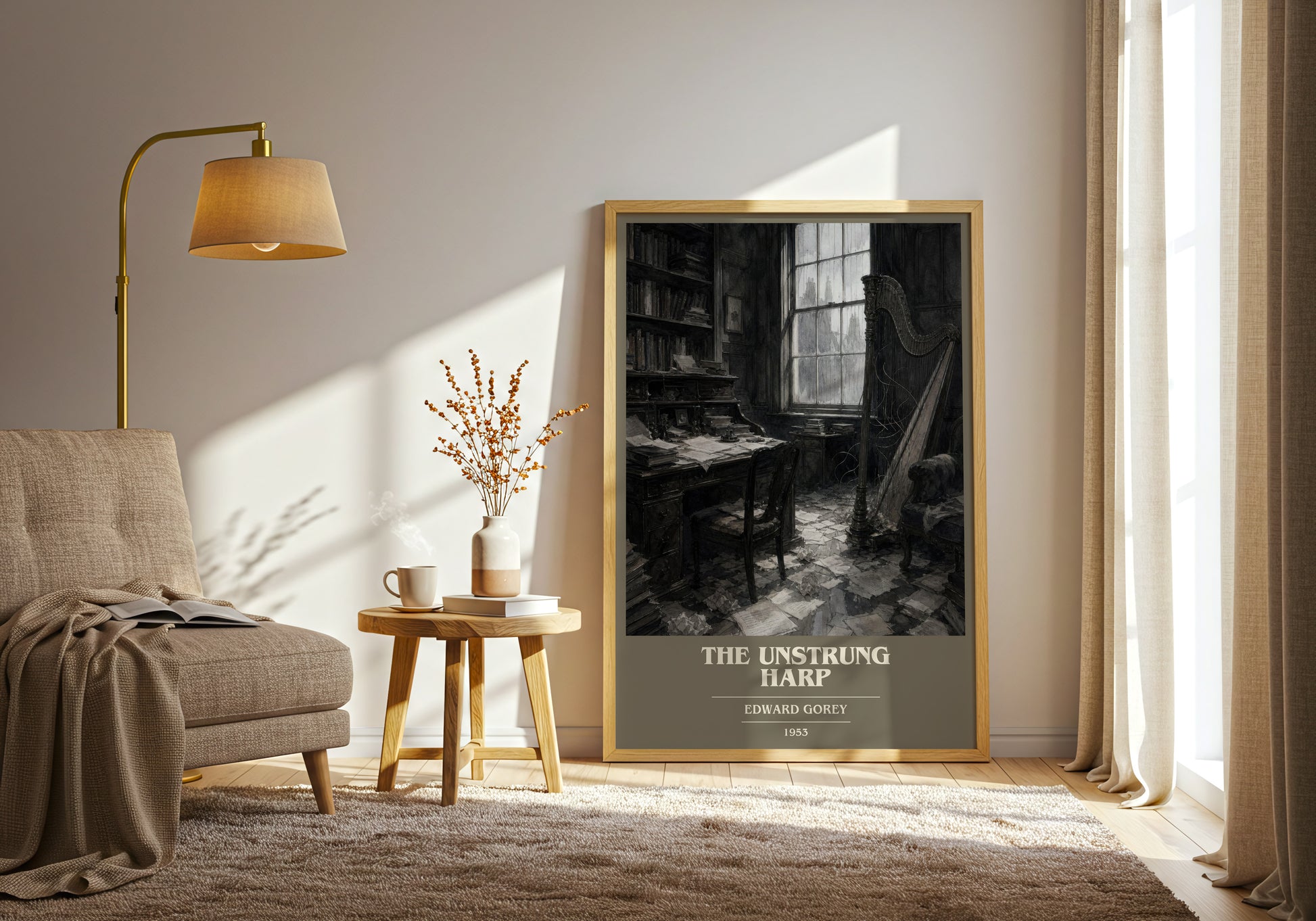 The Unstrung Harp book cover print on bookshelf – Edward Gorey fan gift