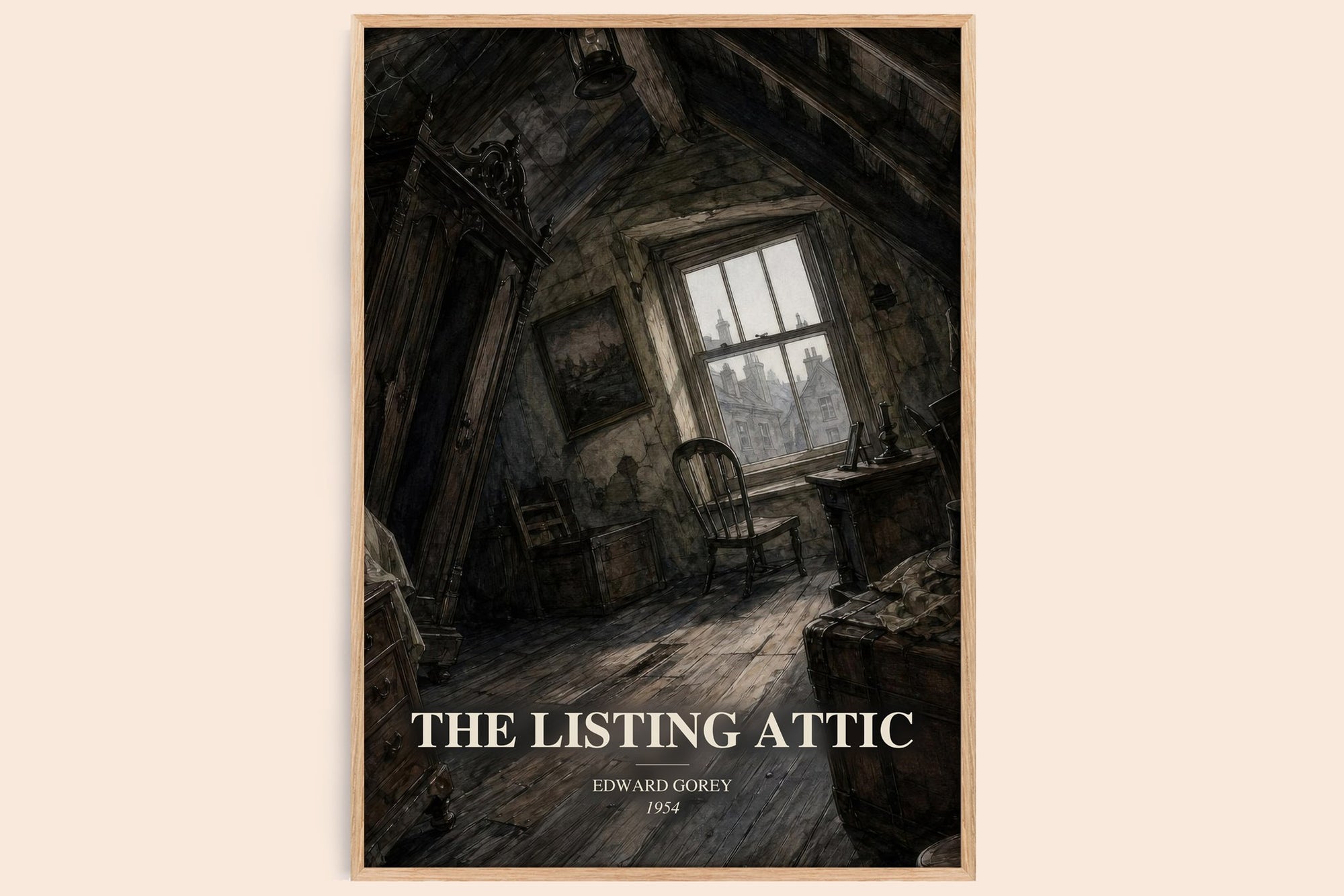 The Listing Attic watercolour book poster by Edward Gorey – framed literary art print