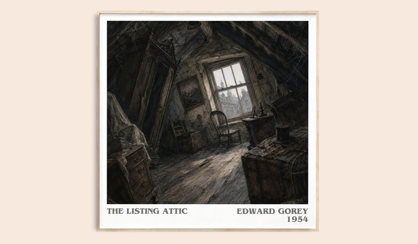 The Listing Attic literary book poster by Edward Gorey – framed literary art print