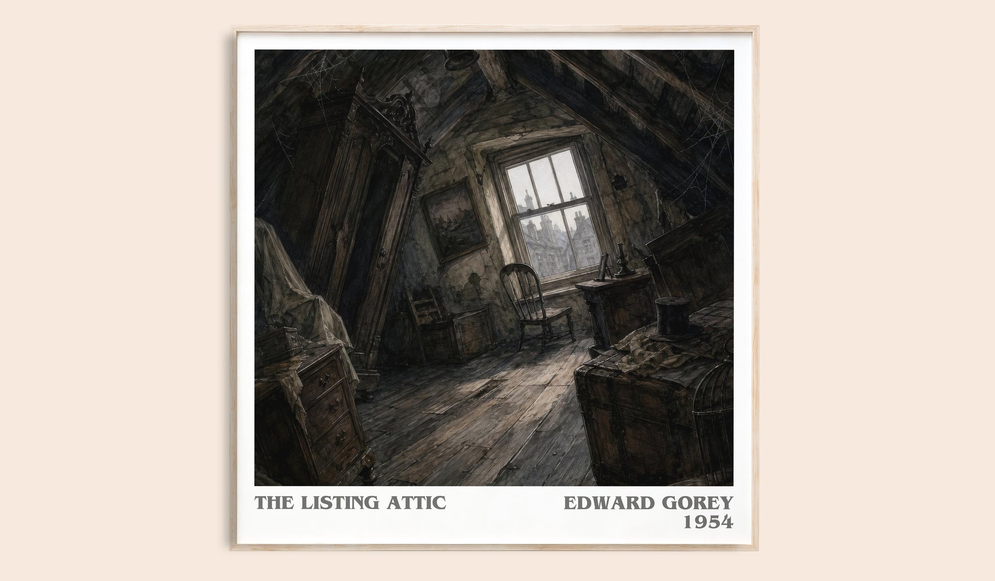 The Listing Attic literary book poster by Edward Gorey – framed literary art print