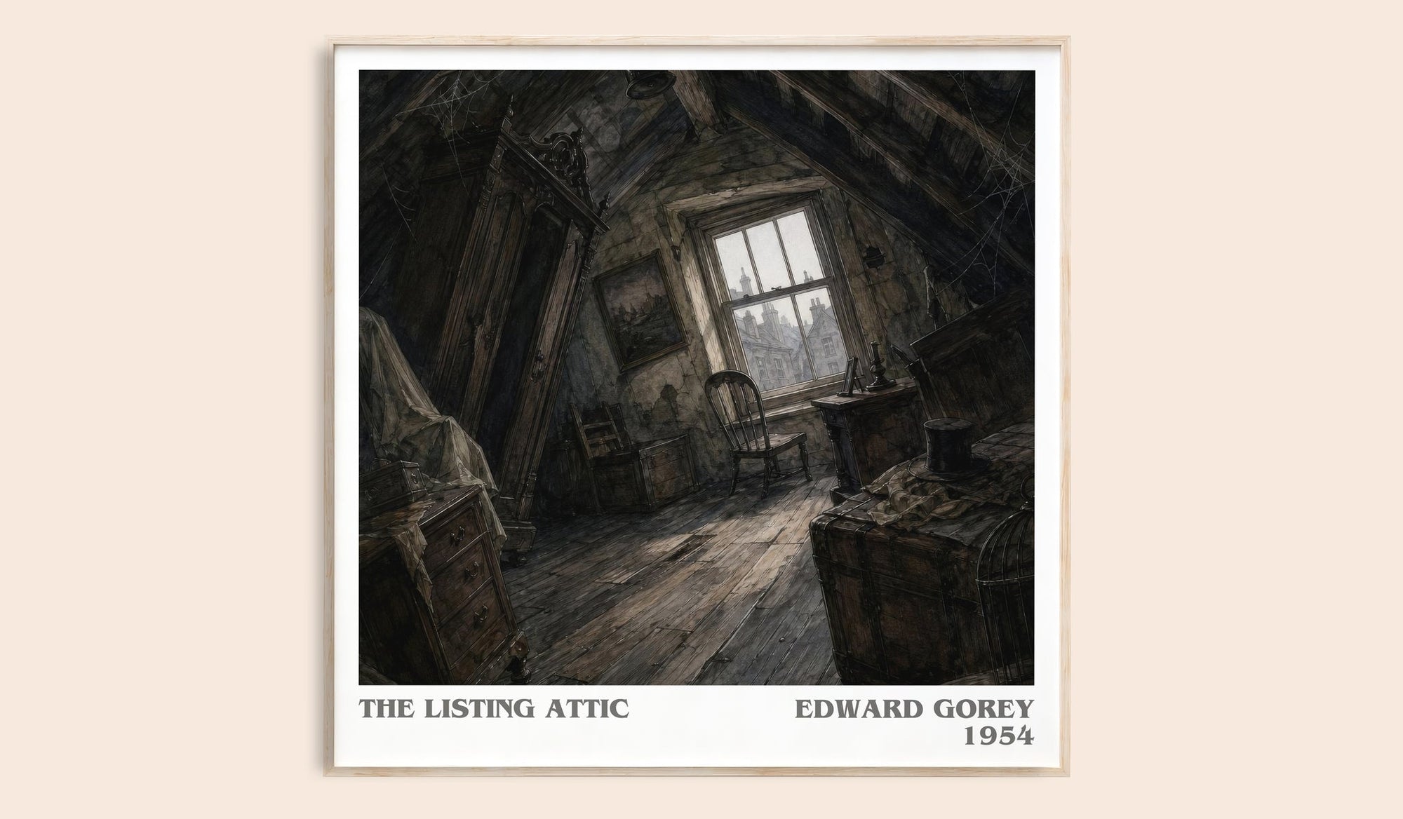 The Listing Attic literary book poster by Edward Gorey – framed literary art print