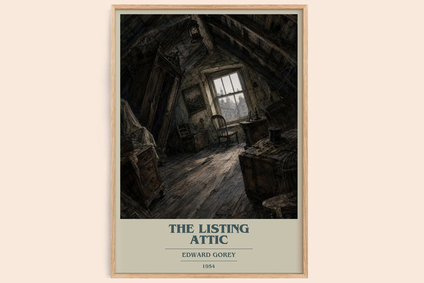 The Listing Attic book cover book poster by Edward Gorey – framed literary art print