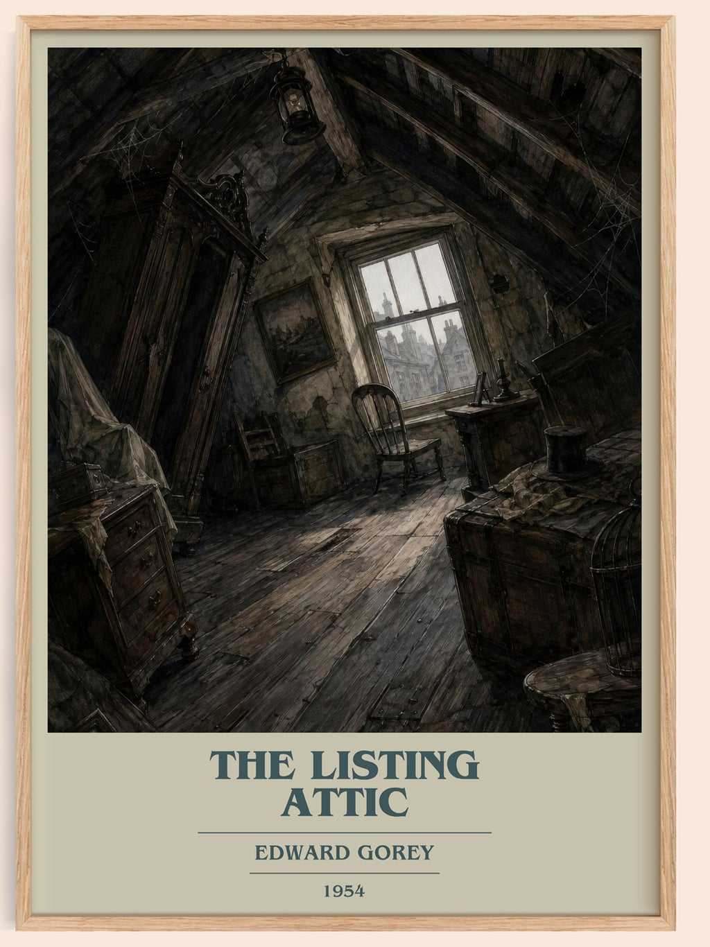 The Listing Attic book cover book poster by Edward Gorey – framed literary art print