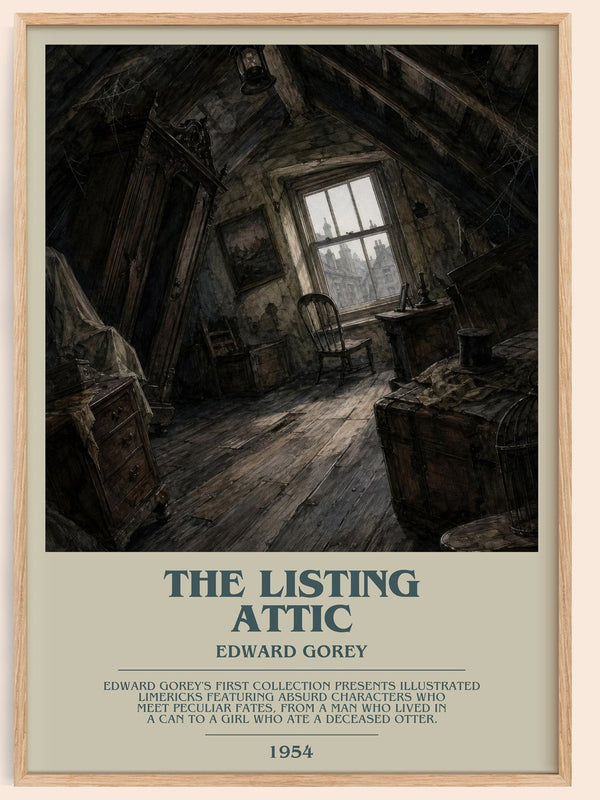 The Listing Attic bookish book poster by Edward Gorey – framed literary art print