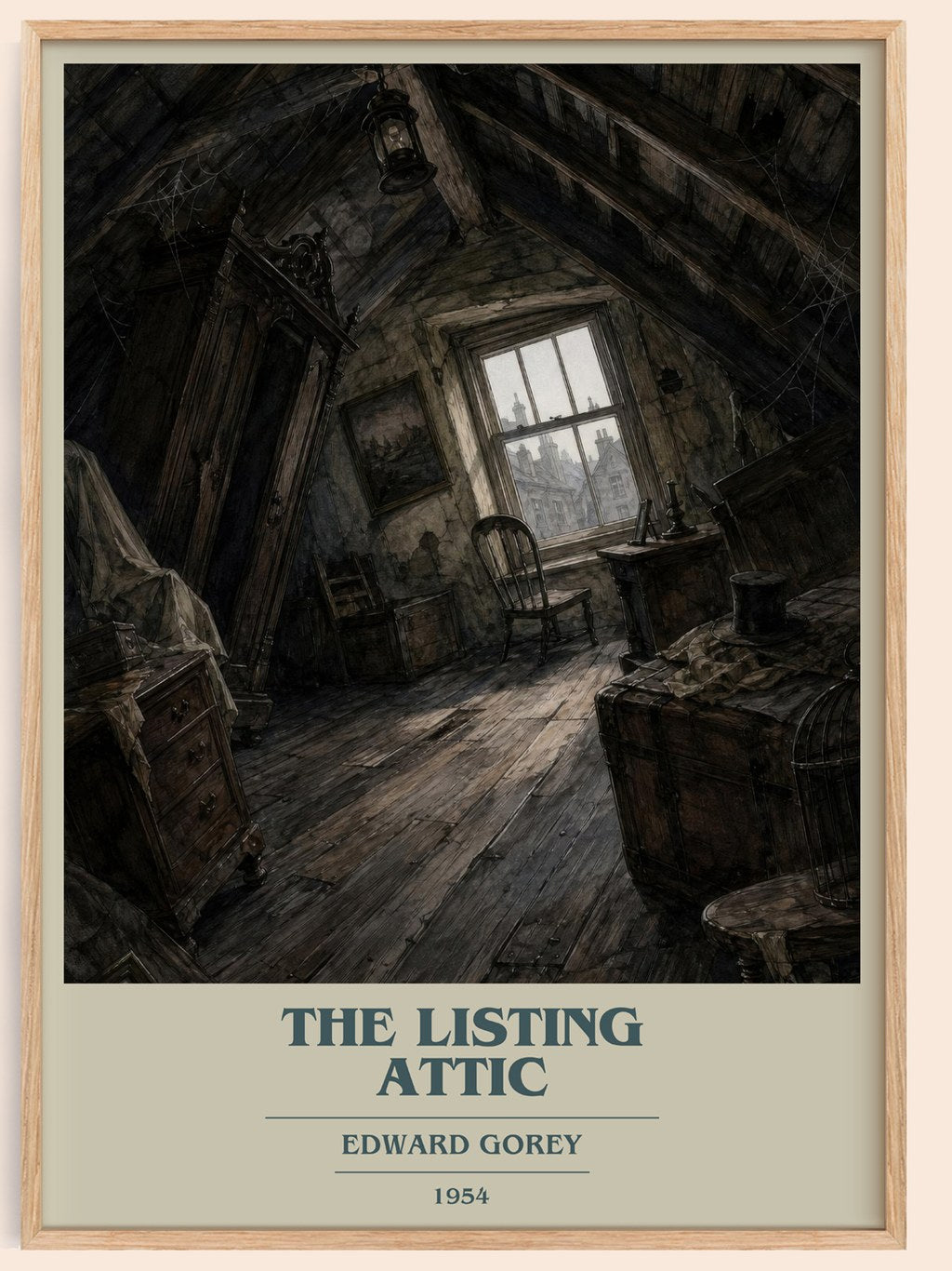 The Listing Attic book cover book poster by Edward Gorey – framed literary art print