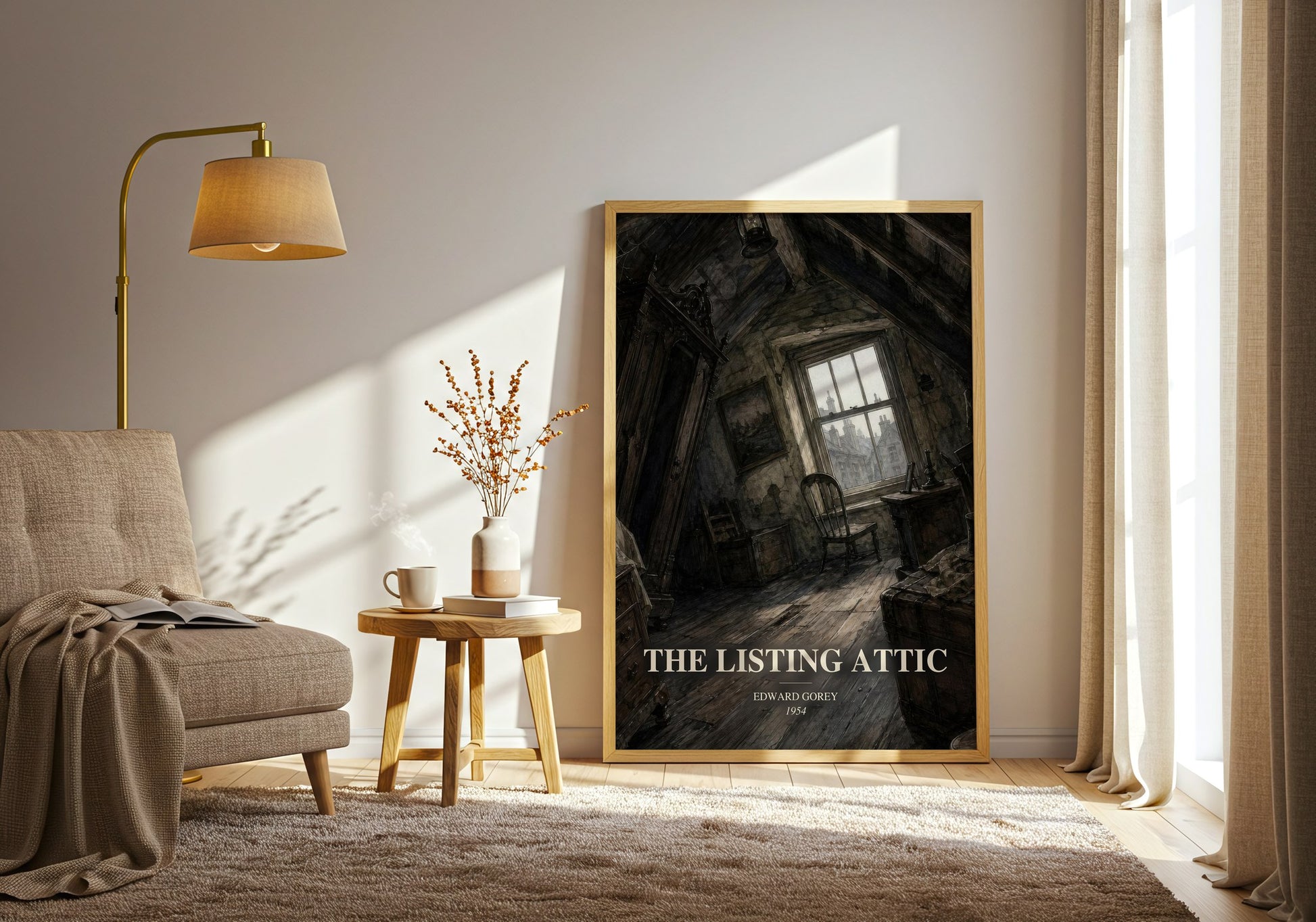 The Listing Attic watercolour print in frame leaning in hallway – poetry wall art