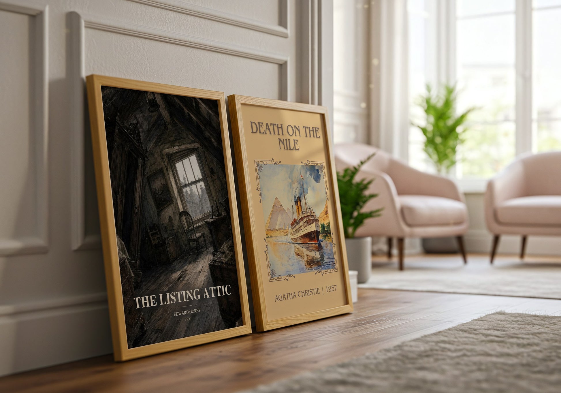 The Listing Attic watercolour print framed by window – literary home decor