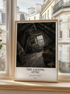 The Listing Attic book cover print in frame leaning in hallway – poetry wall art