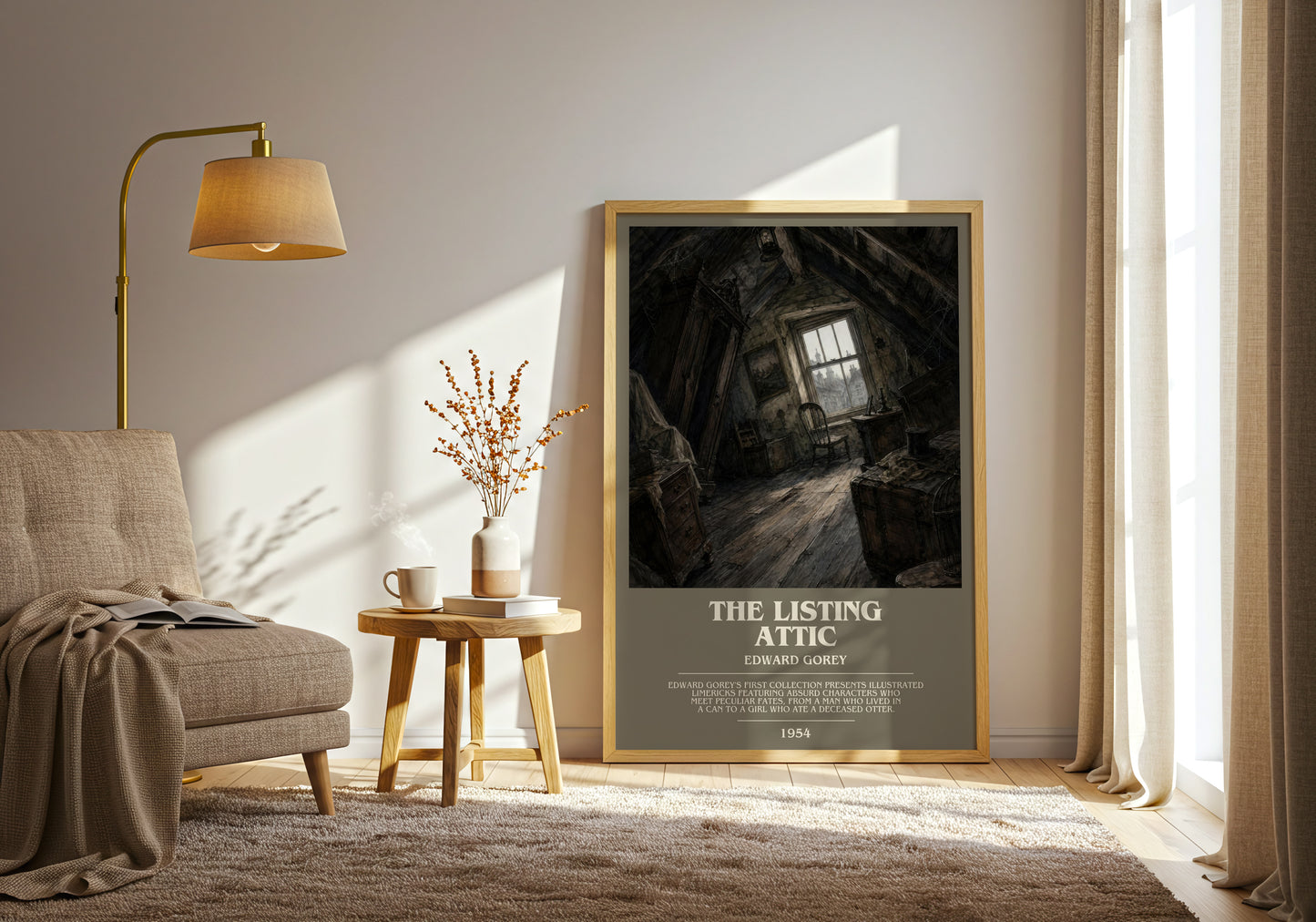 The Listing Attic bookish print on bookshelf – Edward Gorey fan gift